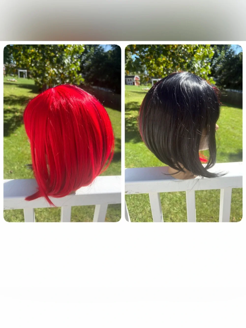 Split half red & half black synthetic angled straight bob wig with bangs